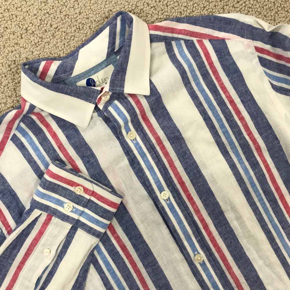 Boden Mens Linen Cotton Striped Button Down Shirt Red White Blue Large‎ M0452